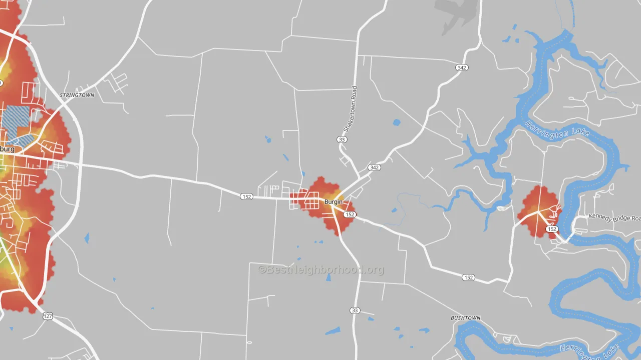 Walk Grade map of Burgin, KY, walkable areas in green and car-dependent areas in red