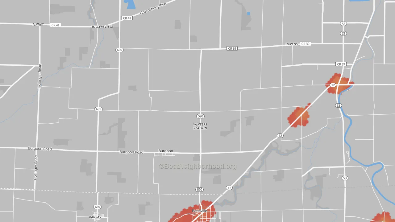 Walk Grade map of Burgoon, OH, walkable areas in green and car-dependent areas in red