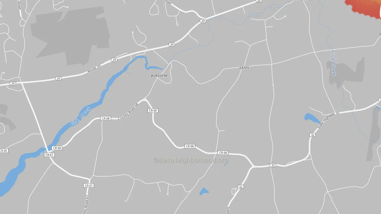 Walk Grade map of Burgoyne, NY, walkable areas in green and car-dependent areas in red
