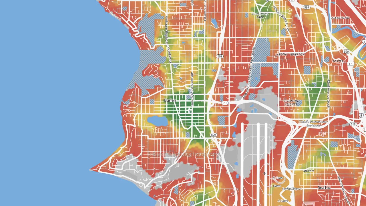 Walk Grade map of Burien, WA, walkable areas in green and car-dependent areas in red