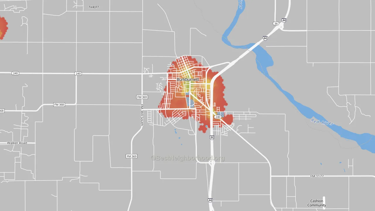 Walk Grade map of Burkburnett, TX, walkable areas in green and car-dependent areas in red