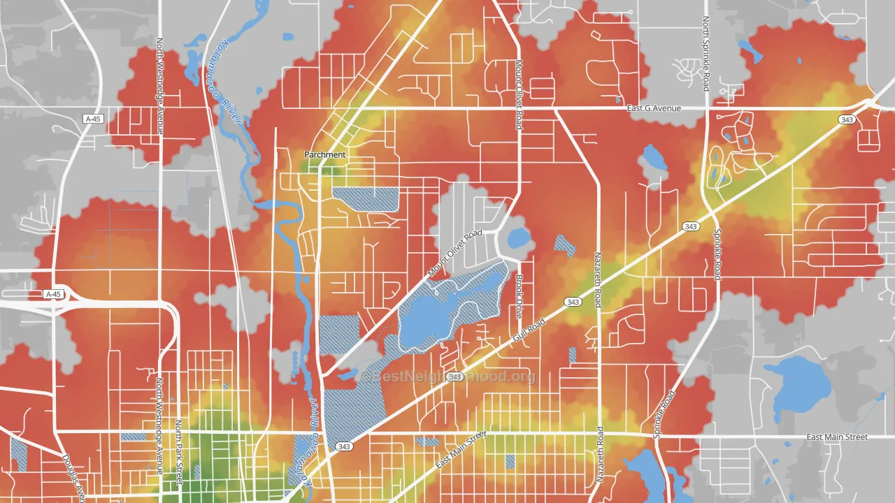 Walk Grade map of Burke Acres, Kalamazoo, MI, walkable areas in green and car-dependent areas in red