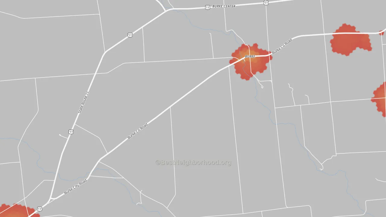 Walk Grade map of Burke Center, NY, walkable areas in green and car-dependent areas in red
