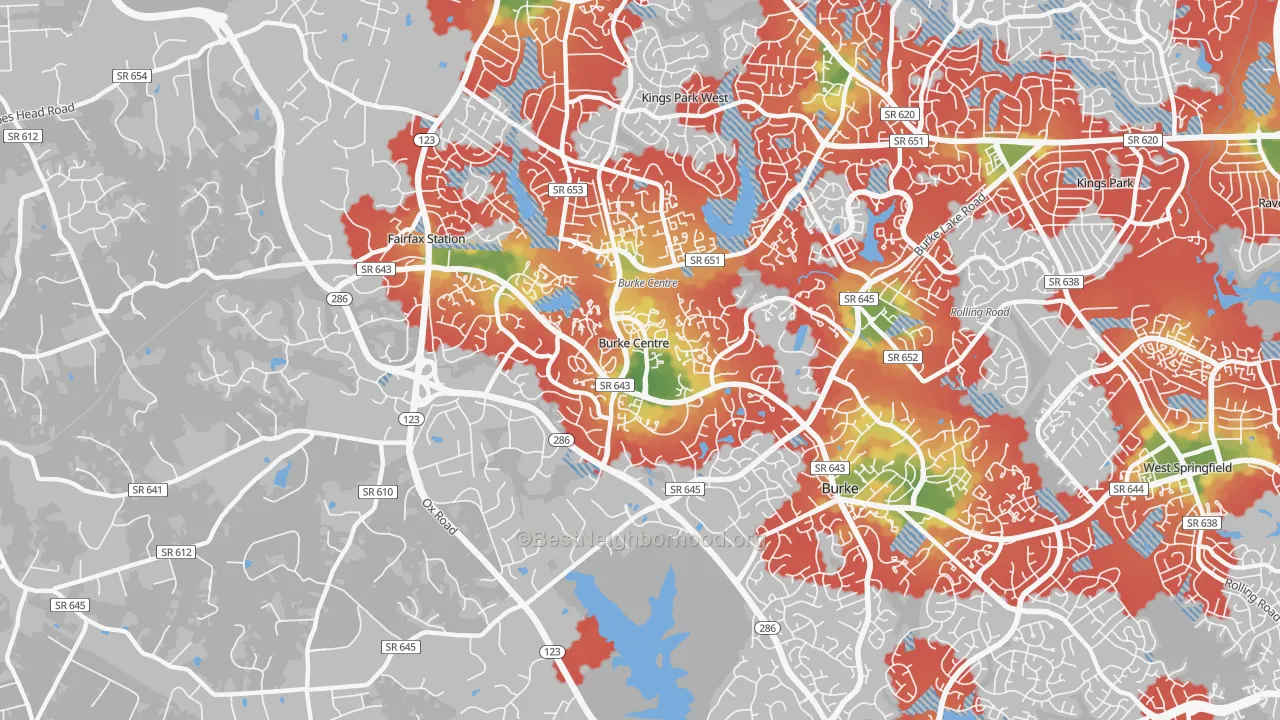 Walk Grade map of Burke Centre, VA, walkable areas in green and car-dependent areas in red