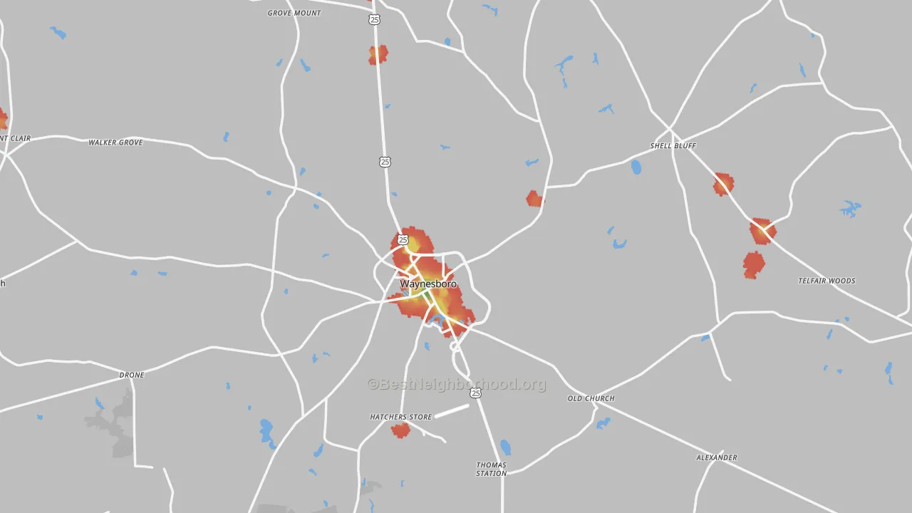 Walk Grade map of Burke County, GA, walkable areas in green and car-dependent areas in red