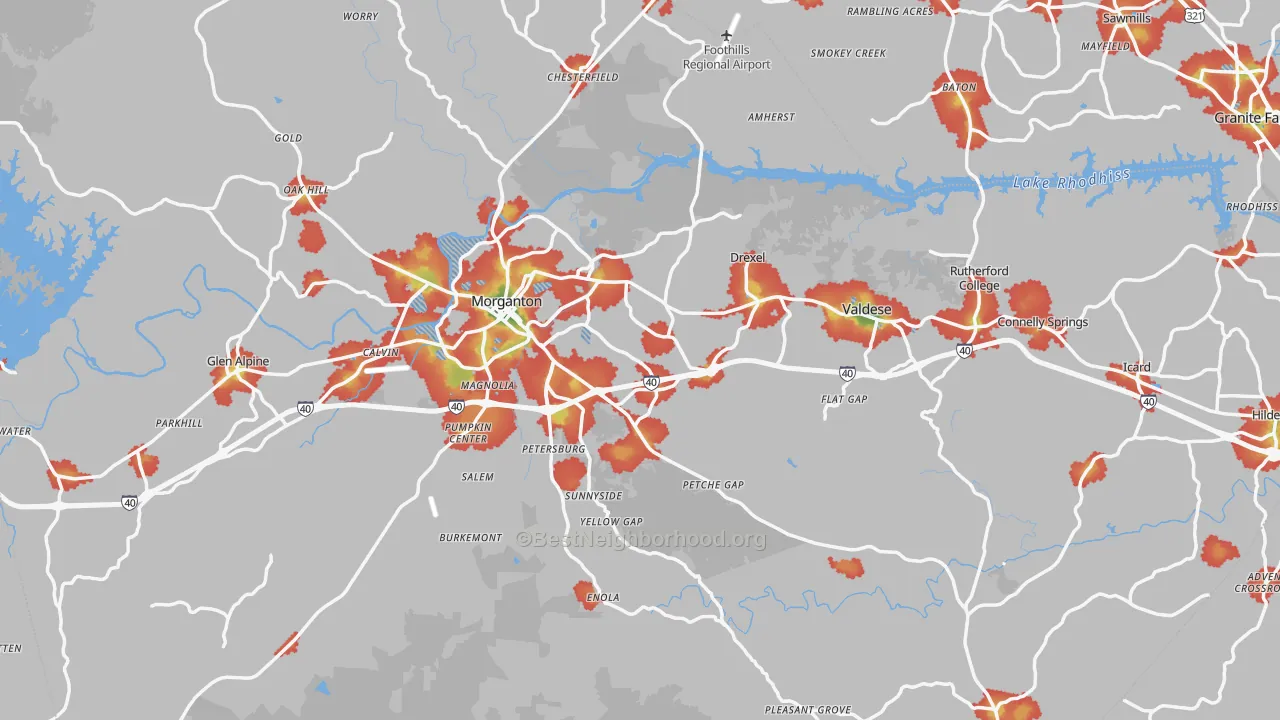Walk Grade map of Burke County, NC, walkable areas in green and car-dependent areas in red