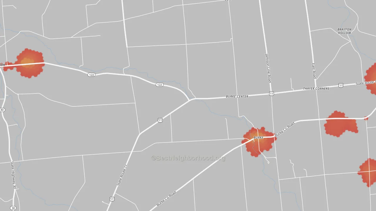 Walk Grade map of Burke, NY, walkable areas in green and car-dependent areas in red