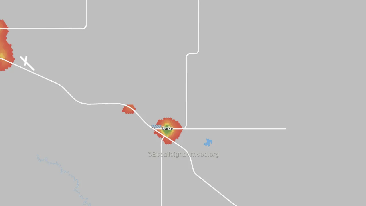 Walk Grade map of Burke, SD, walkable areas in green and car-dependent areas in red