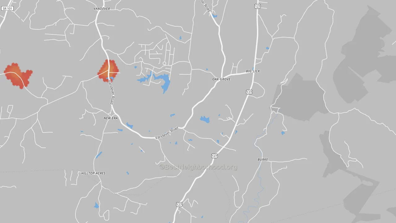 Walk Grade map of Burke, TN, walkable areas in green and car-dependent areas in red