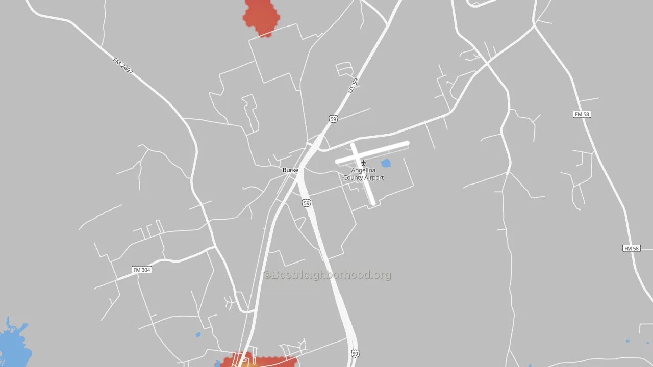 Walk Grade map of Burke, TX, walkable areas in green and car-dependent areas in red