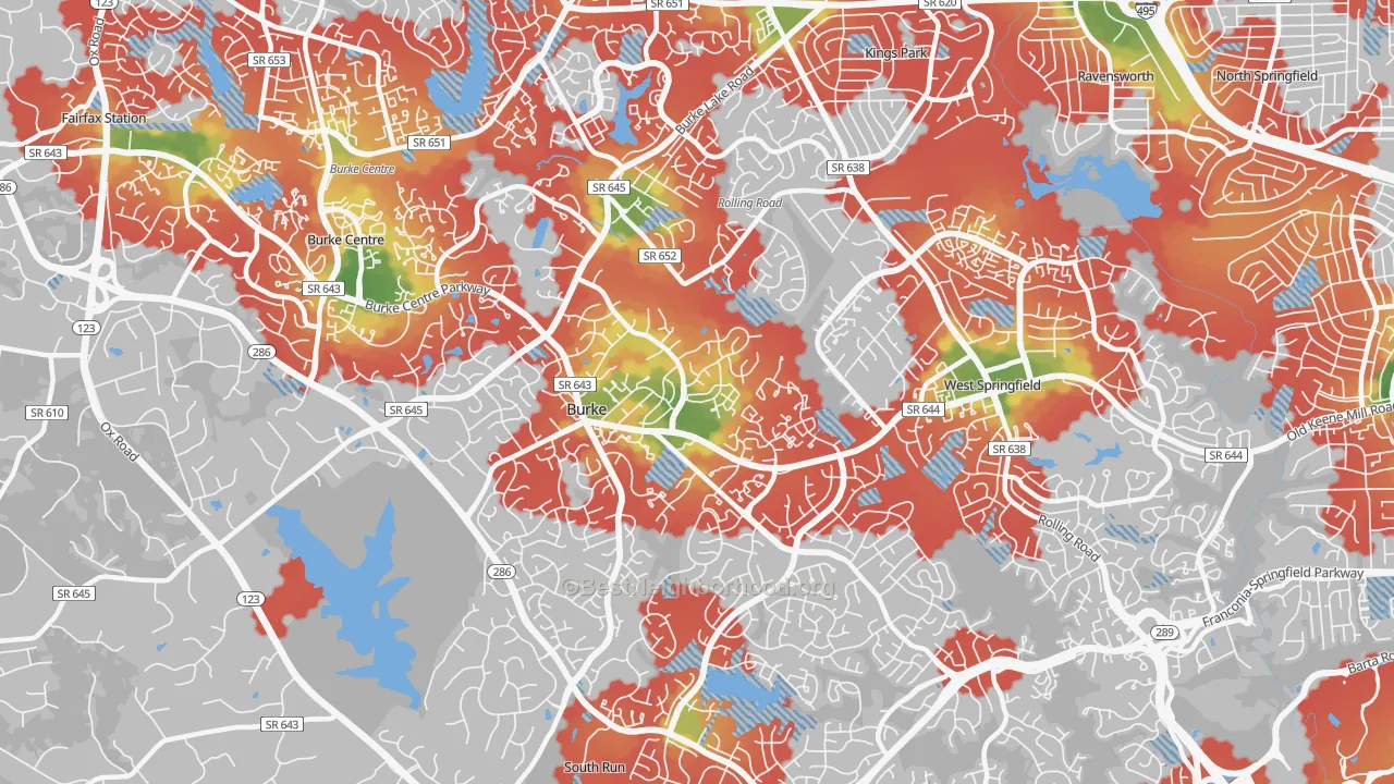 Walk Grade map of Burke, VA, walkable areas in green and car-dependent areas in red