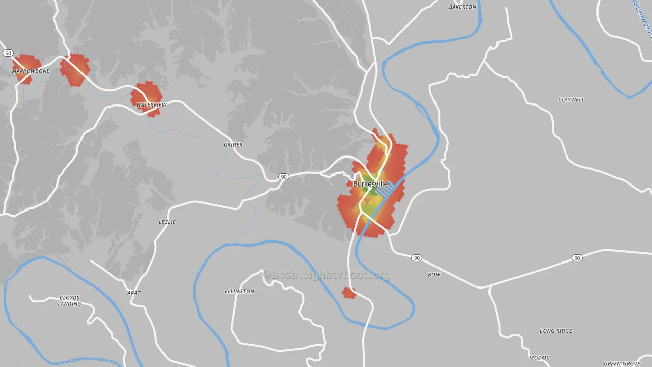Walk Grade map of Burkesville, KY, walkable areas in green and car-dependent areas in red
