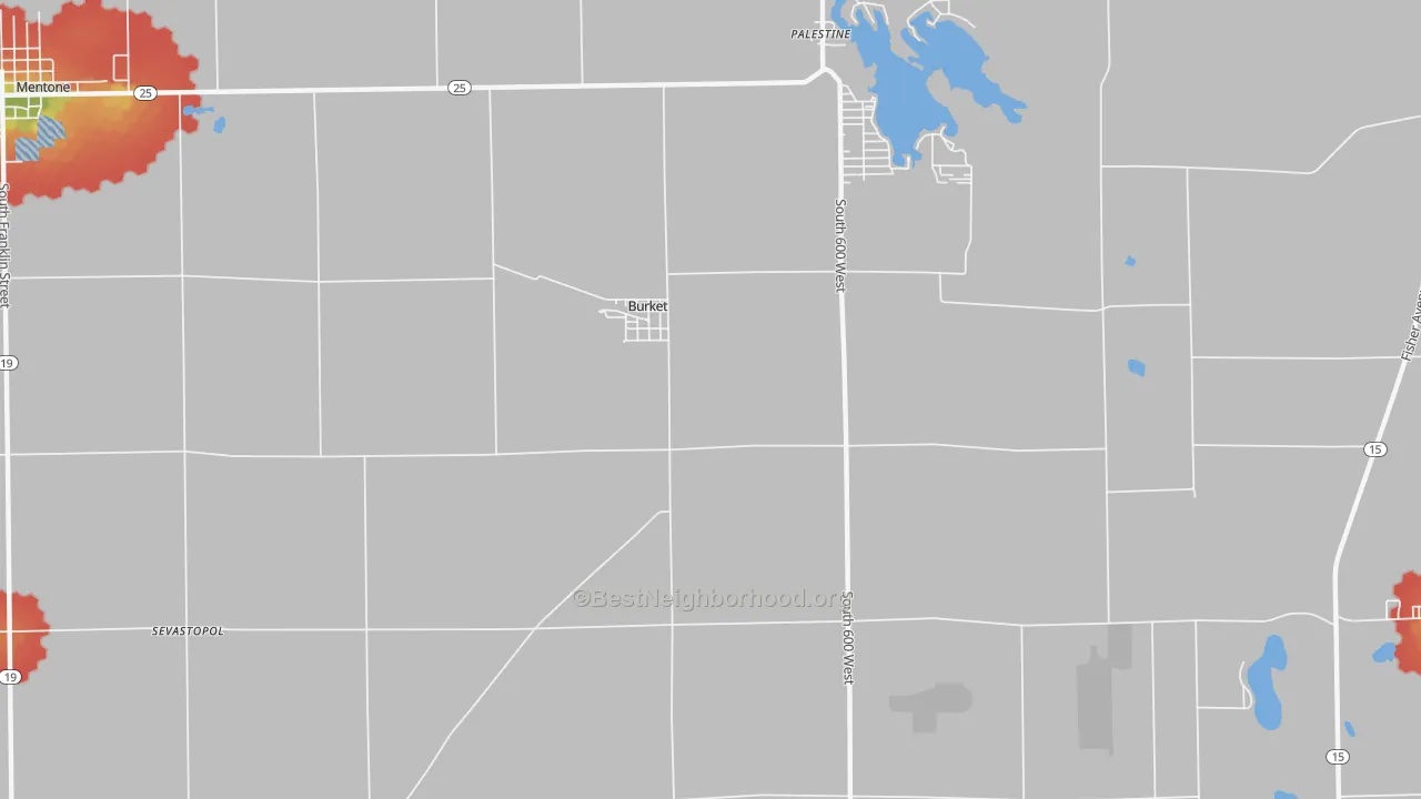 Walk Grade map of Burket, IN, walkable areas in green and car-dependent areas in red