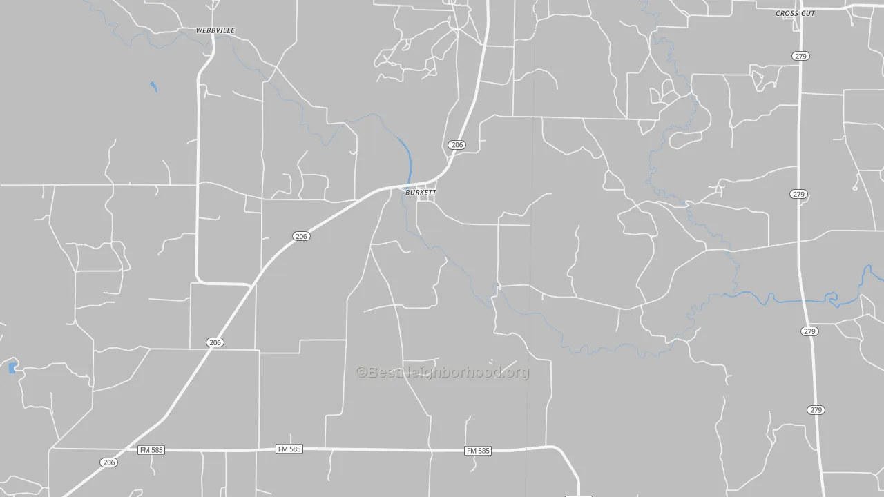 Walk Grade map of Burkett, TX, walkable areas in green and car-dependent areas in red