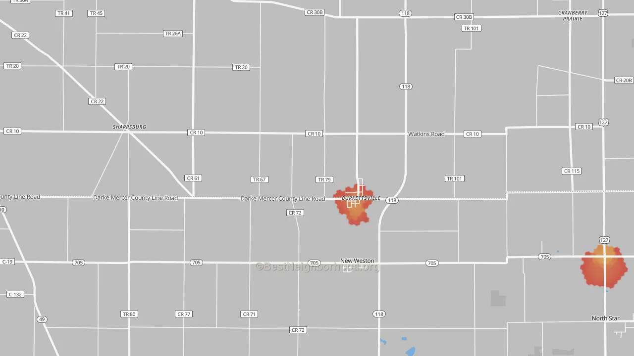 Walk Grade map of Burkettsville, OH, walkable areas in green and car-dependent areas in red