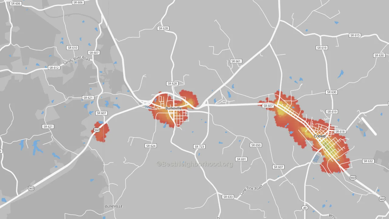 Walk Grade map of Burkeville, VA, walkable areas in green and car-dependent areas in red