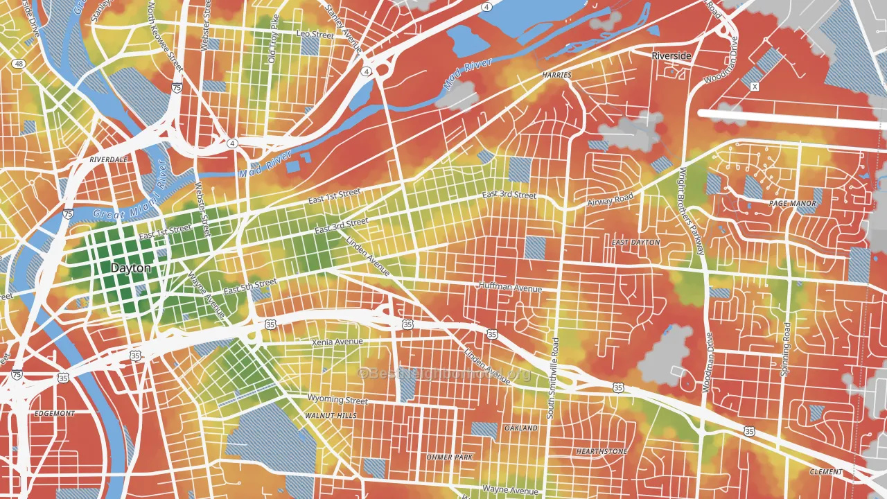 Walk Grade map of Burkhardt, Dayton, OH, walkable areas in green and car-dependent areas in red