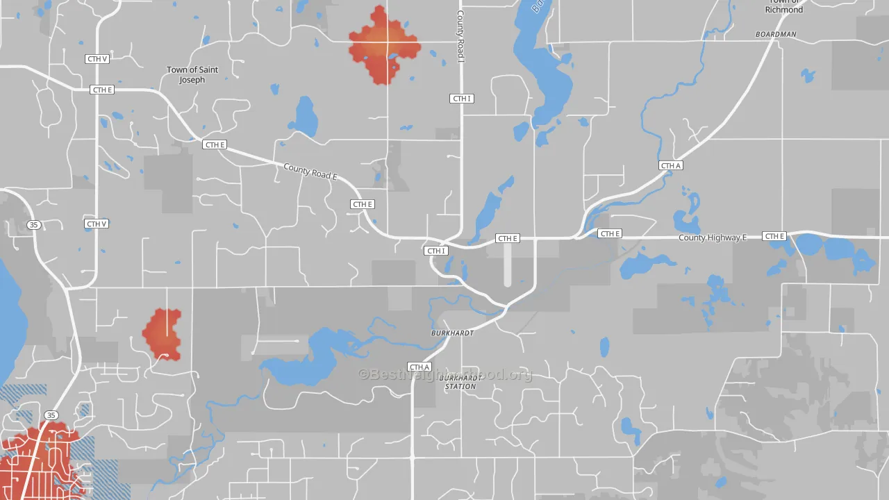 Walk Grade map of Burkhardt, WI, walkable areas in green and car-dependent areas in red