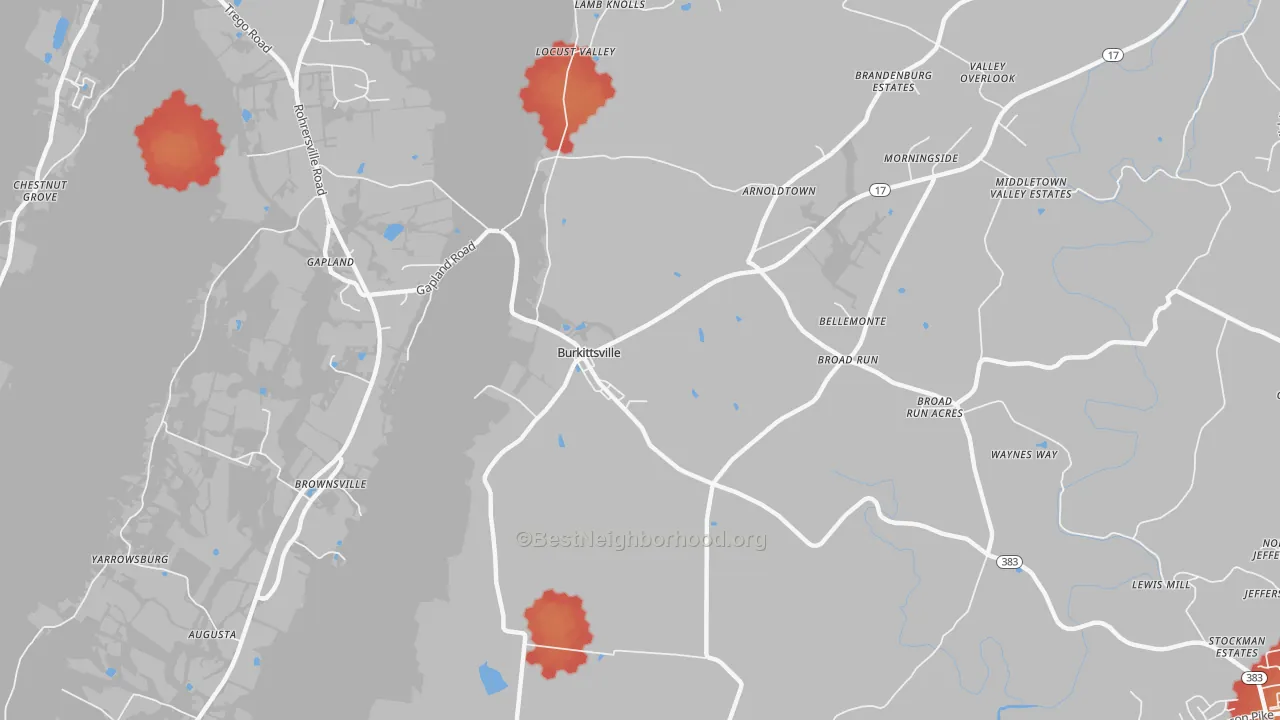 Walk Grade map of Burkittsville, MD, walkable areas in green and car-dependent areas in red