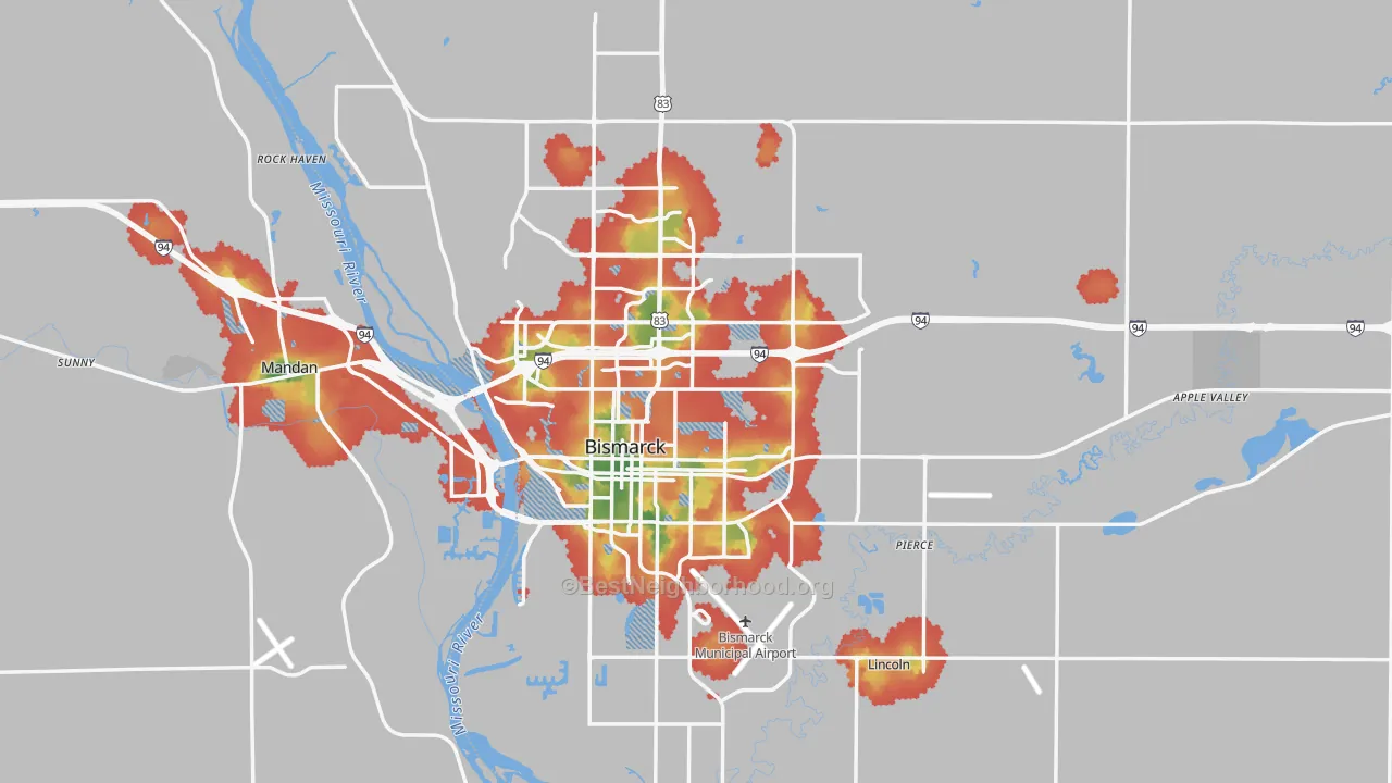 Walk Grade map of Burleigh County, ND, walkable areas in green and car-dependent areas in red