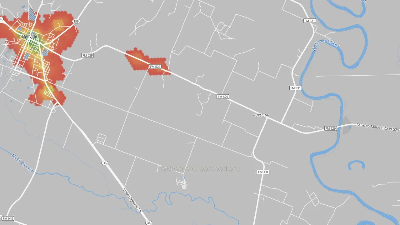 Walk Grade map of Burleigh, TX, walkable areas in green and car-dependent areas in red