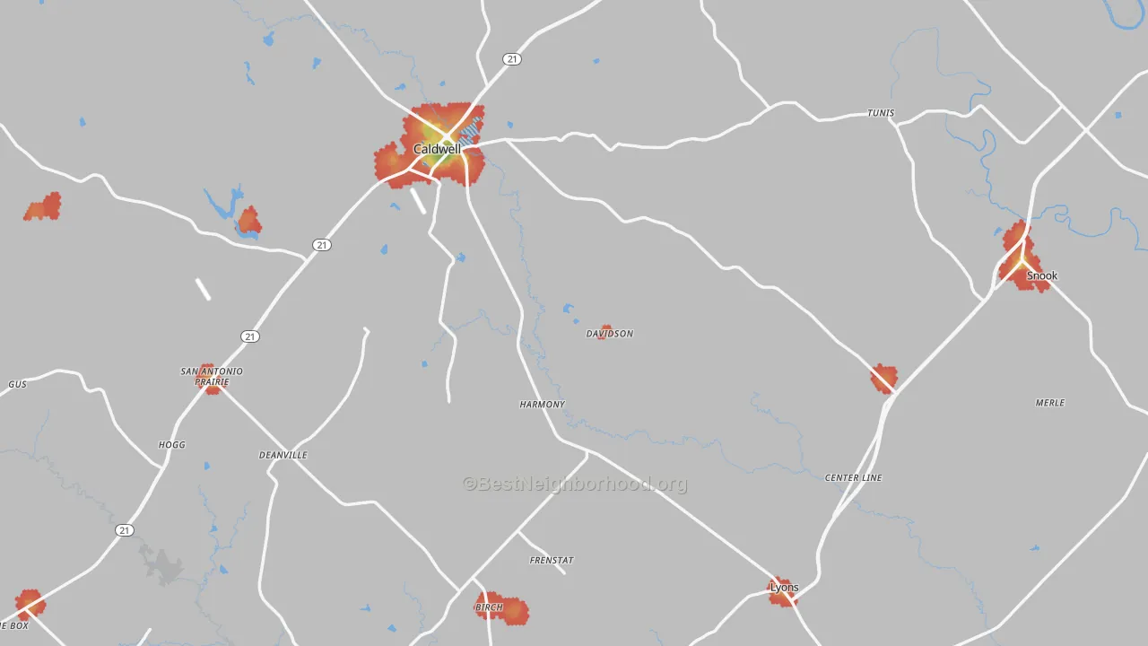 Walk Grade map of Burleson County, TX, walkable areas in green and car-dependent areas in red