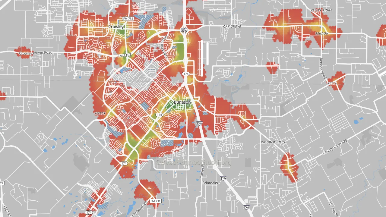 Walk Grade map of Burleson, TX, walkable areas in green and car-dependent areas in red