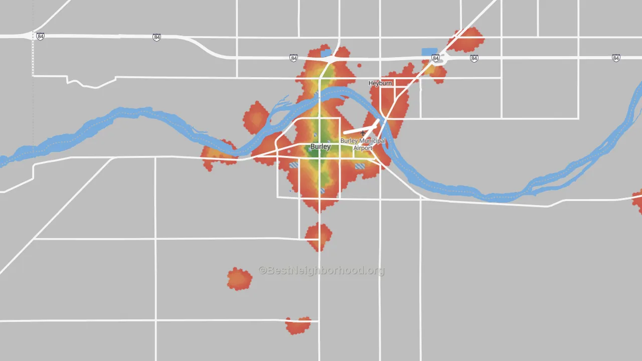 Walk Grade map of Burley, ID, walkable areas in green and car-dependent areas in red