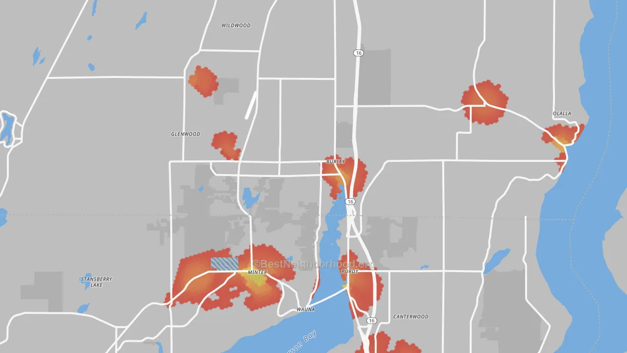 Walk Grade map of Burley, WA, walkable areas in green and car-dependent areas in red
