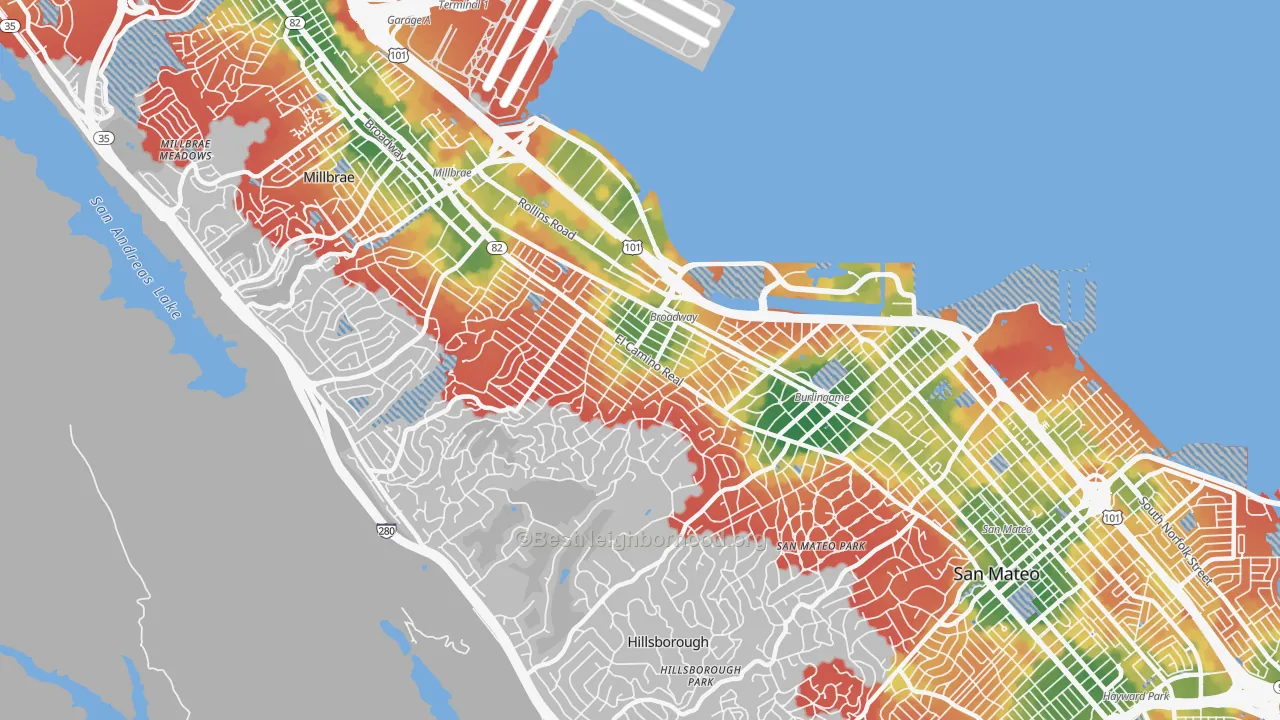 Walk Grade map of Burlingame, CA, walkable areas in green and car-dependent areas in red