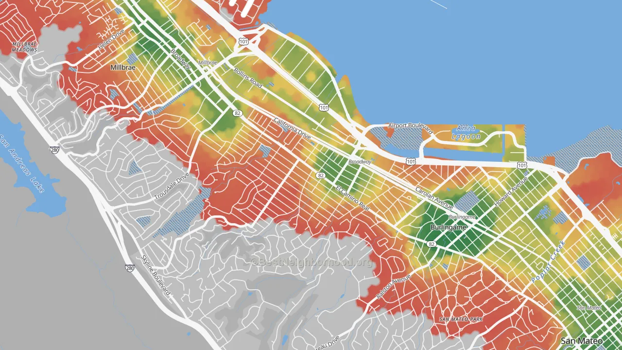 Walk Grade map of Burlingame Gate, Burlingame, CA, walkable areas in green and car-dependent areas in red