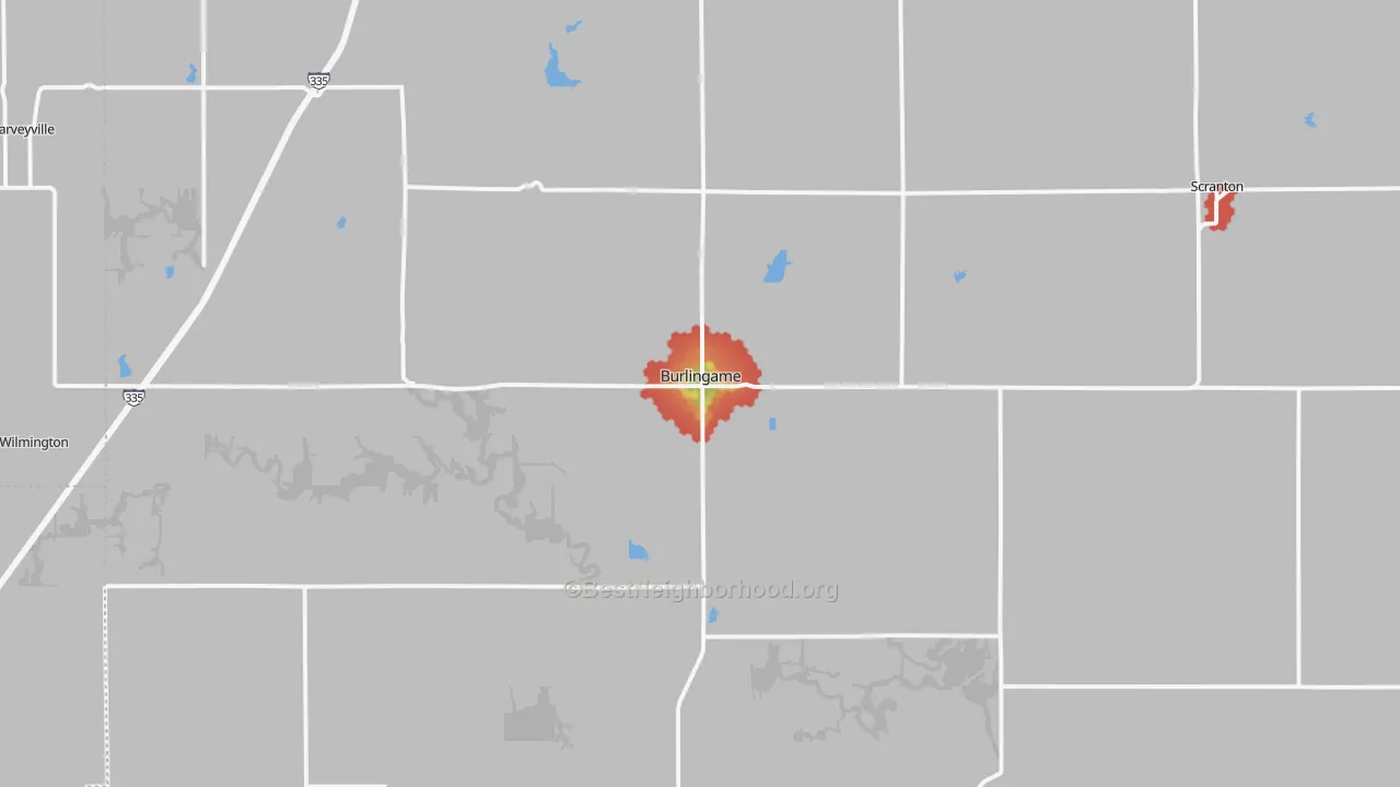 Walk Grade map of Burlingame, KS, walkable areas in green and car-dependent areas in red