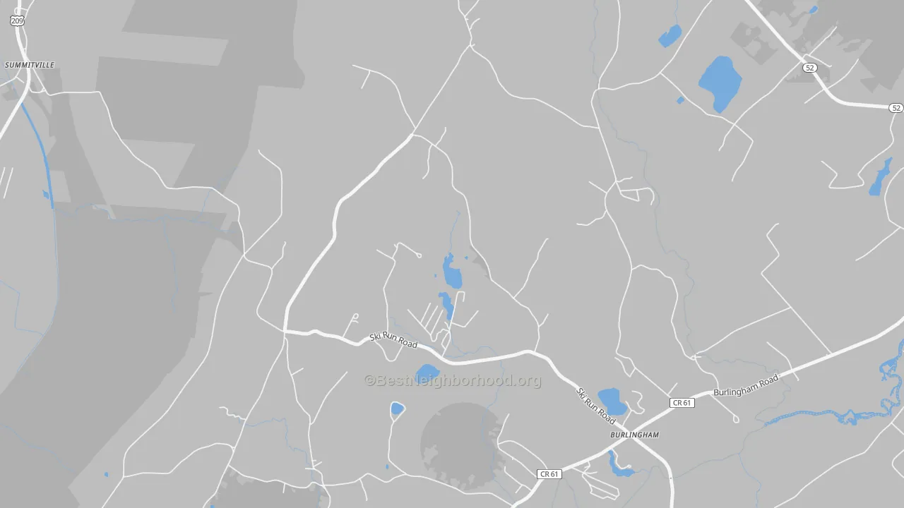 Walk Grade map of Burlingham, NY, walkable areas in green and car-dependent areas in red