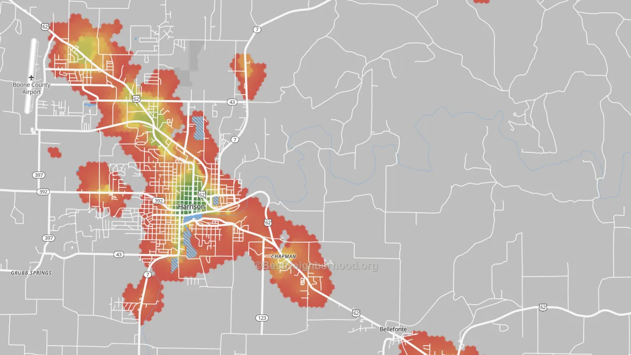 Walk Grade map of Burlington, AR, walkable areas in green and car-dependent areas in red