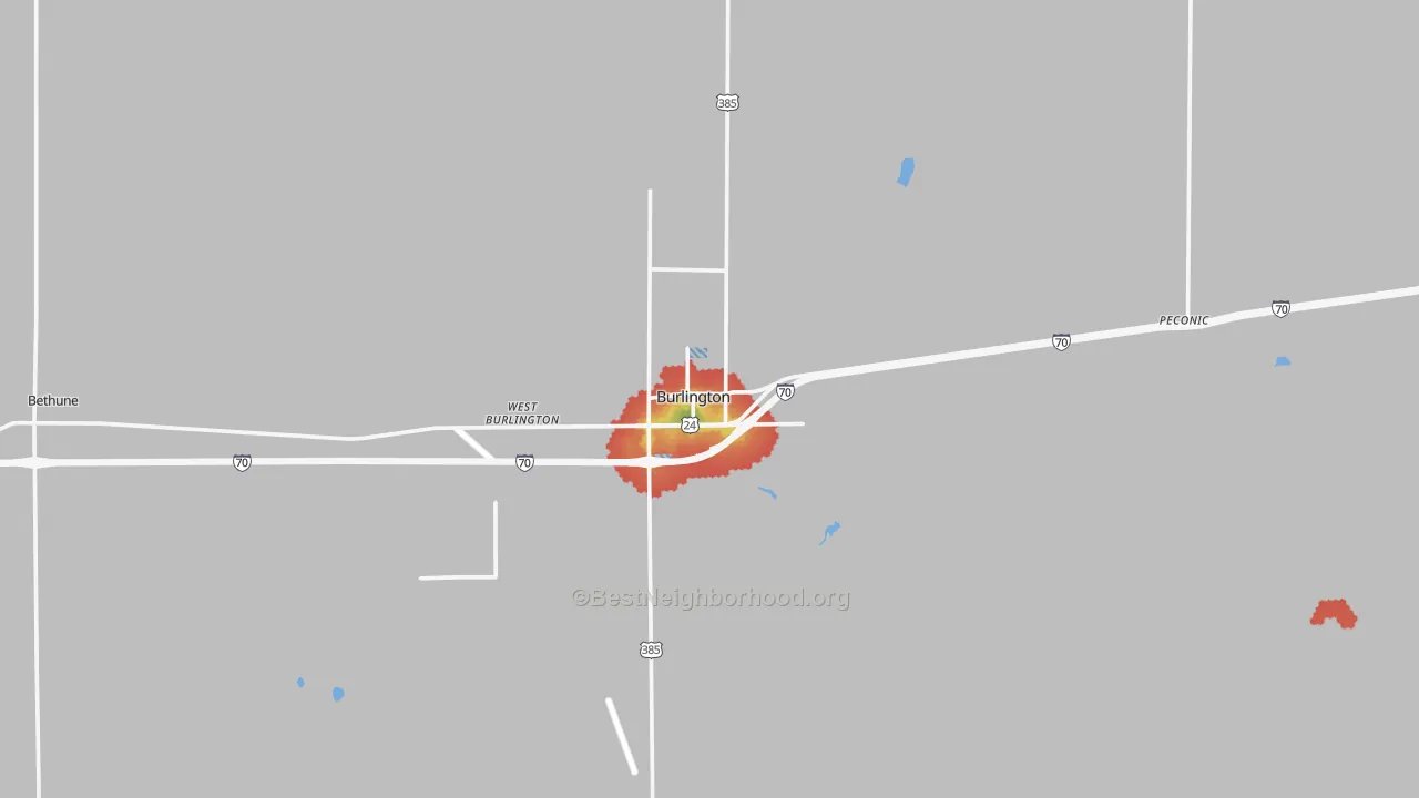 Walk Grade map of Burlington, CO, walkable areas in green and car-dependent areas in red