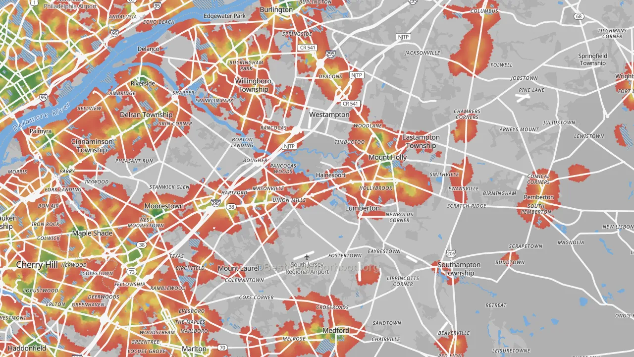 Walk Grade map of Burlington County, NJ, walkable areas in green and car-dependent areas in red