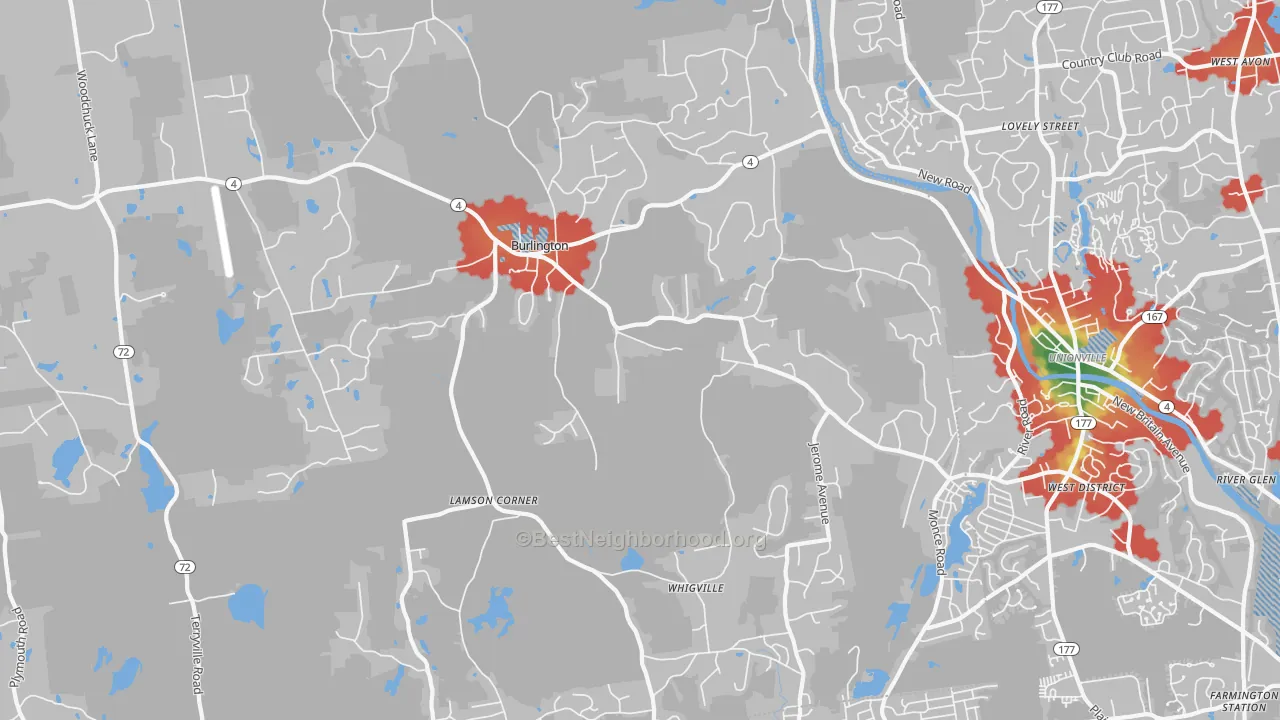 Walk Grade map of Burlington, CT, walkable areas in green and car-dependent areas in red
