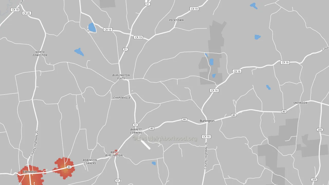 Walk Grade map of Burlington Flats, NY, walkable areas in green and car-dependent areas in red