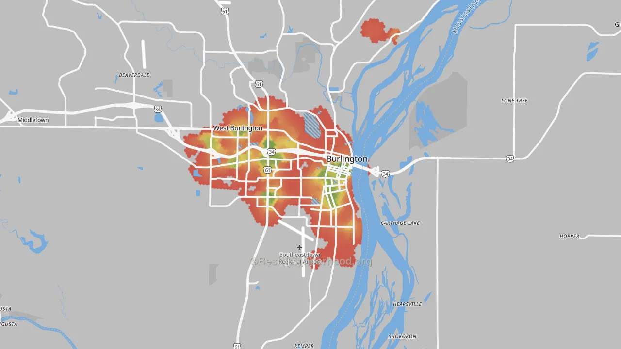 Walk Grade map of Burlington, IA, walkable areas in green and car-dependent areas in red