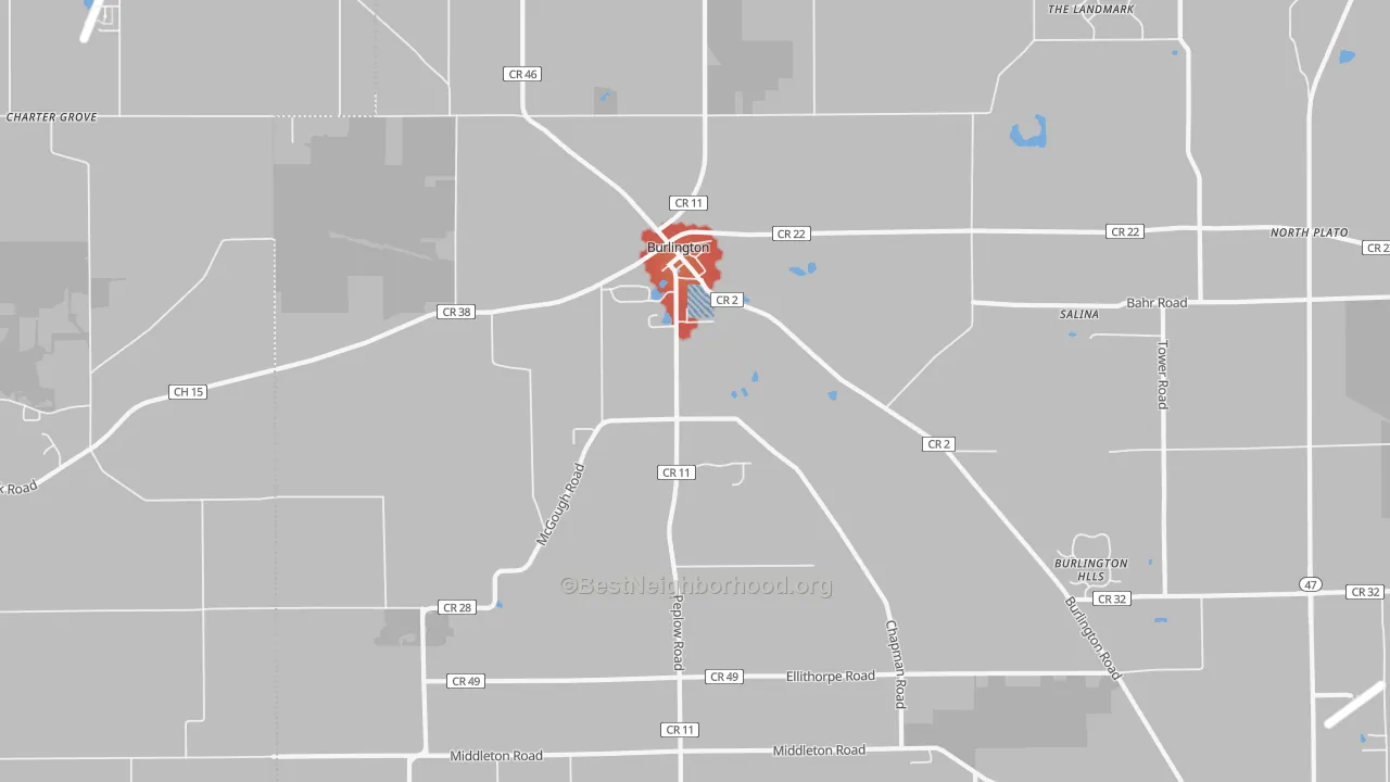 Walk Grade map of Burlington, IL, walkable areas in green and car-dependent areas in red