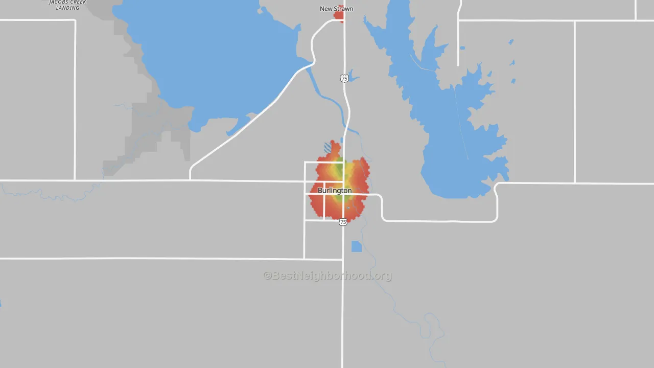 Walk Grade map of Burlington, KS, walkable areas in green and car-dependent areas in red