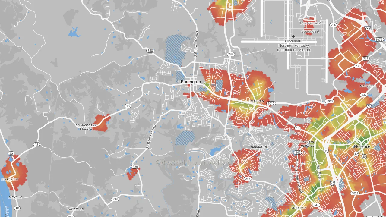 Walk Grade map of Burlington, KY, walkable areas in green and car-dependent areas in red