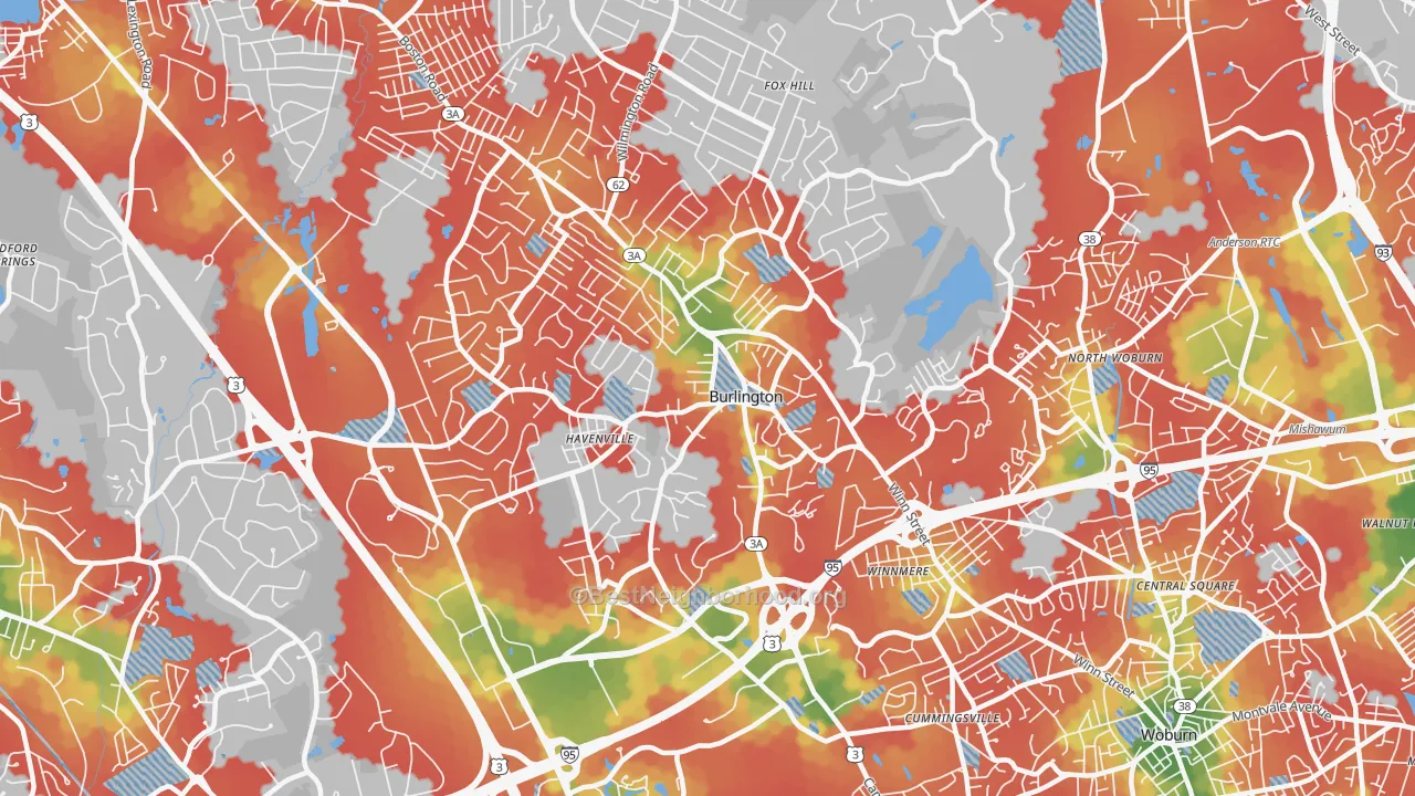 Walk Grade map of Burlington, MA, walkable areas in green and car-dependent areas in red