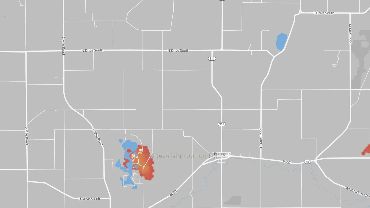 Walk Grade map of Burlington, MI, walkable areas in green and car-dependent areas in red