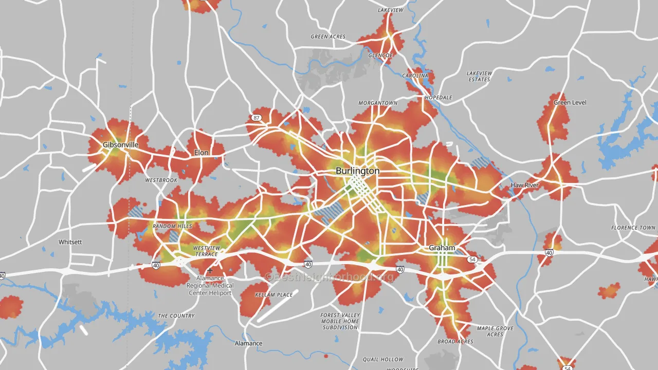 Walk Grade map of Burlington, NC, walkable areas in green and car-dependent areas in red