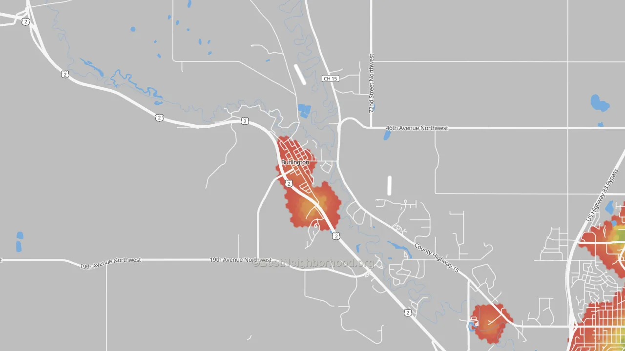 Walk Grade map of Burlington, ND, walkable areas in green and car-dependent areas in red