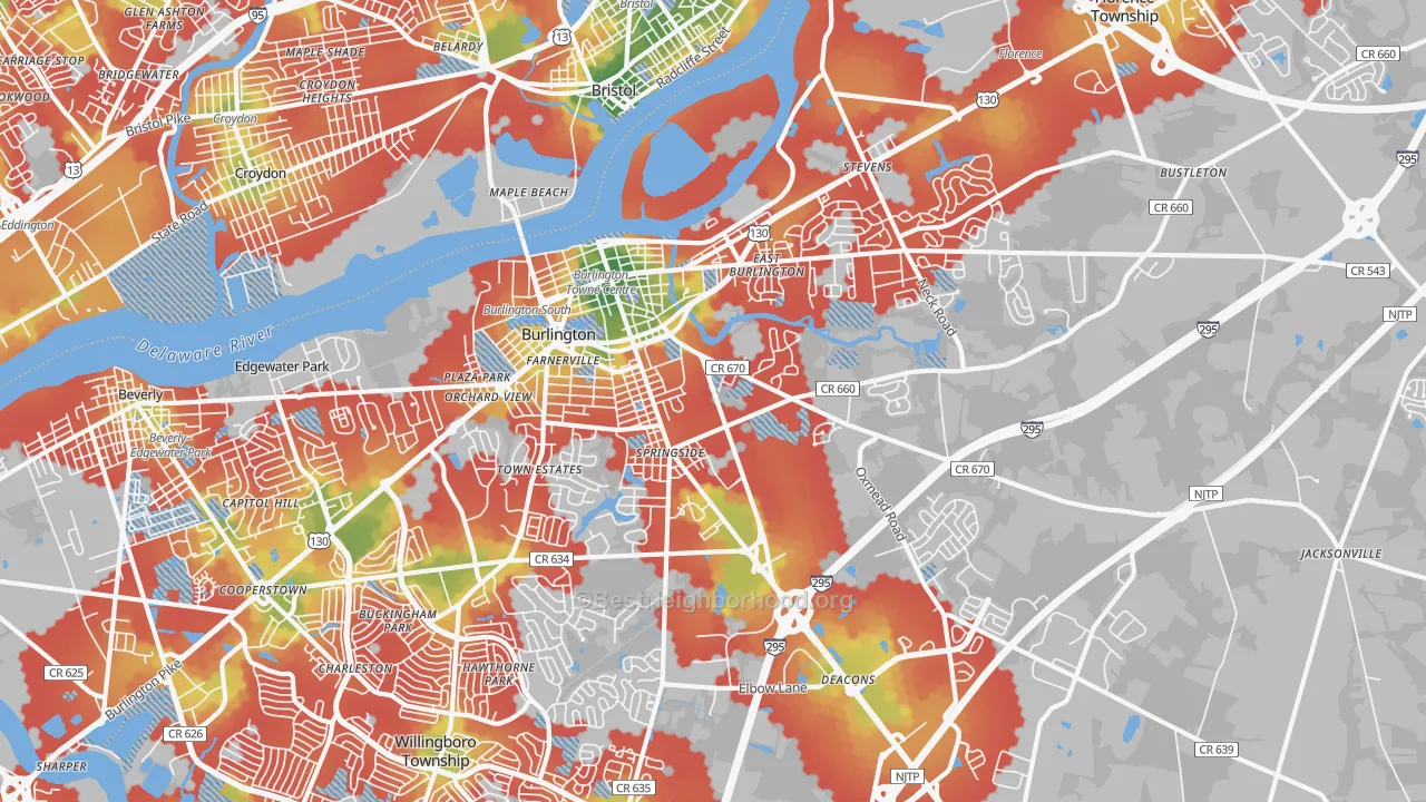 Walk Grade map of Burlington, NJ, walkable areas in green and car-dependent areas in red