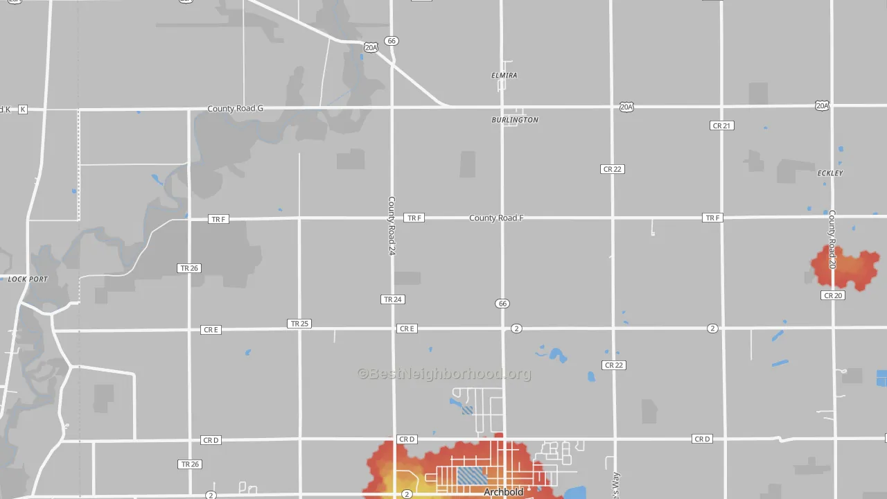 Walk Grade map of Burlington, OH, walkable areas in green and car-dependent areas in red