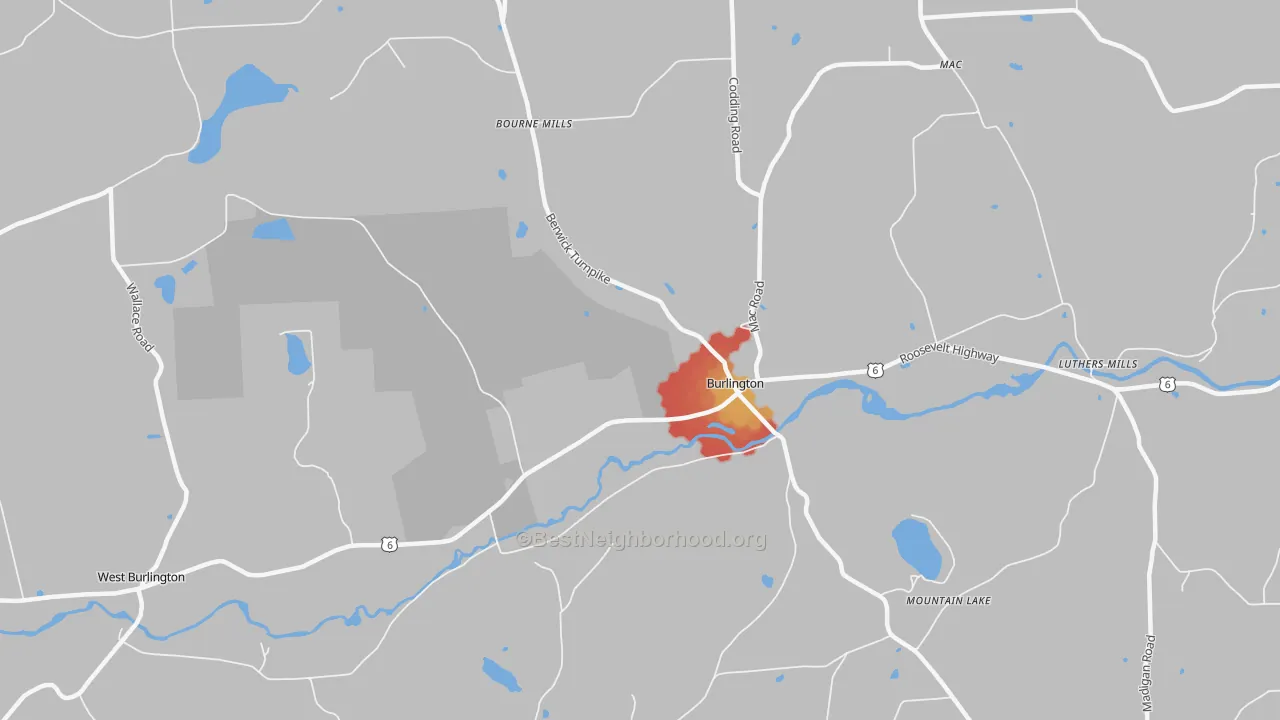 Walk Grade map of Burlington, PA, walkable areas in green and car-dependent areas in red