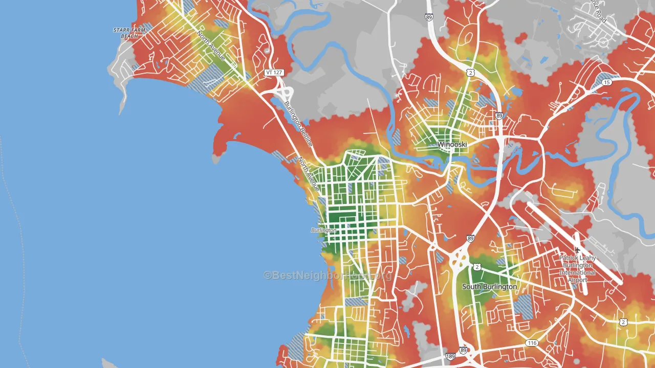 Walk Grade map of Burlington, VT, walkable areas in green and car-dependent areas in red